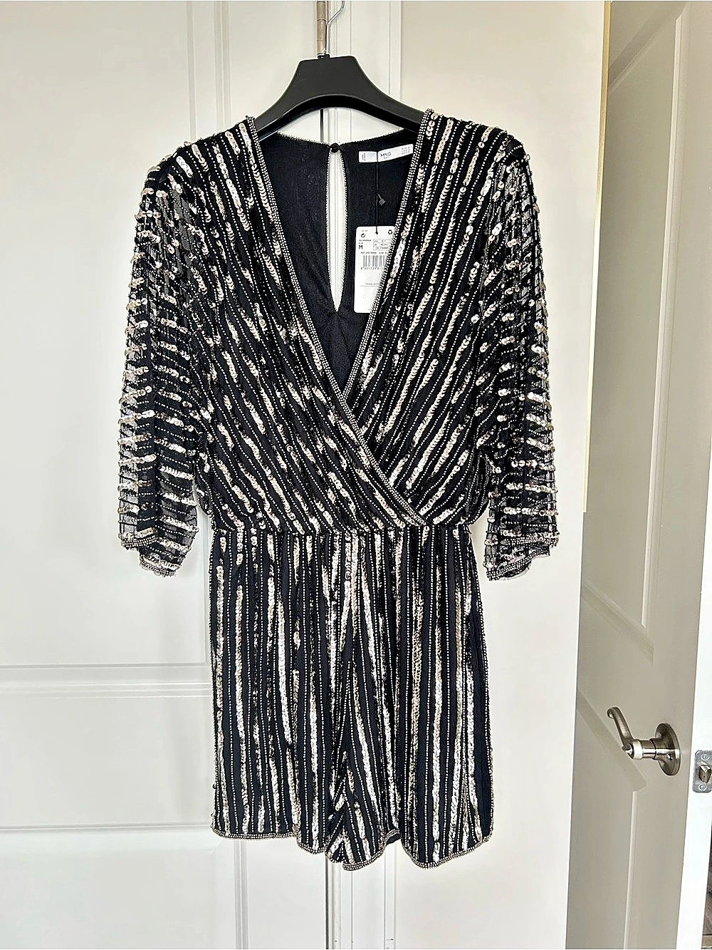 Mango Sequin Striped Wrap Romper in Black, Pewter Gold Size Small NWT